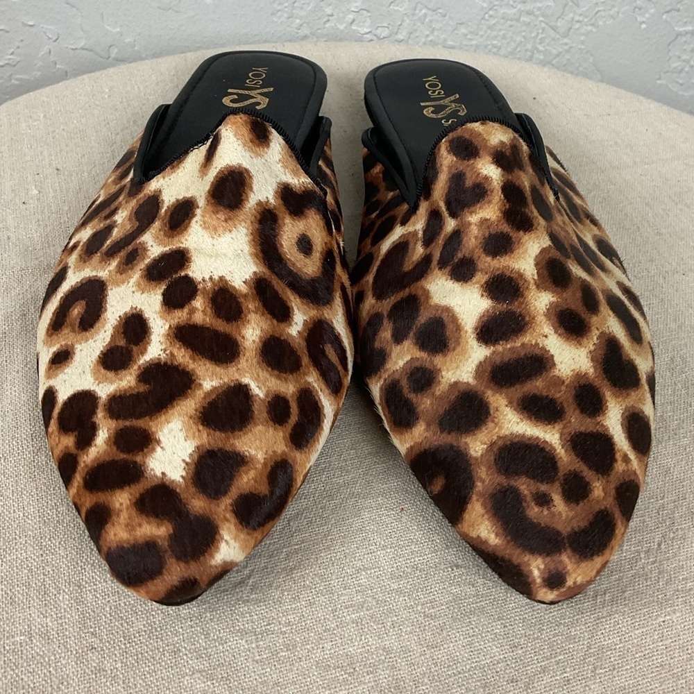 Women’s Yosi Samra Vidi Natural Calf Hair Mules Leopard Print Size 8 New - Picture 2 of 4
